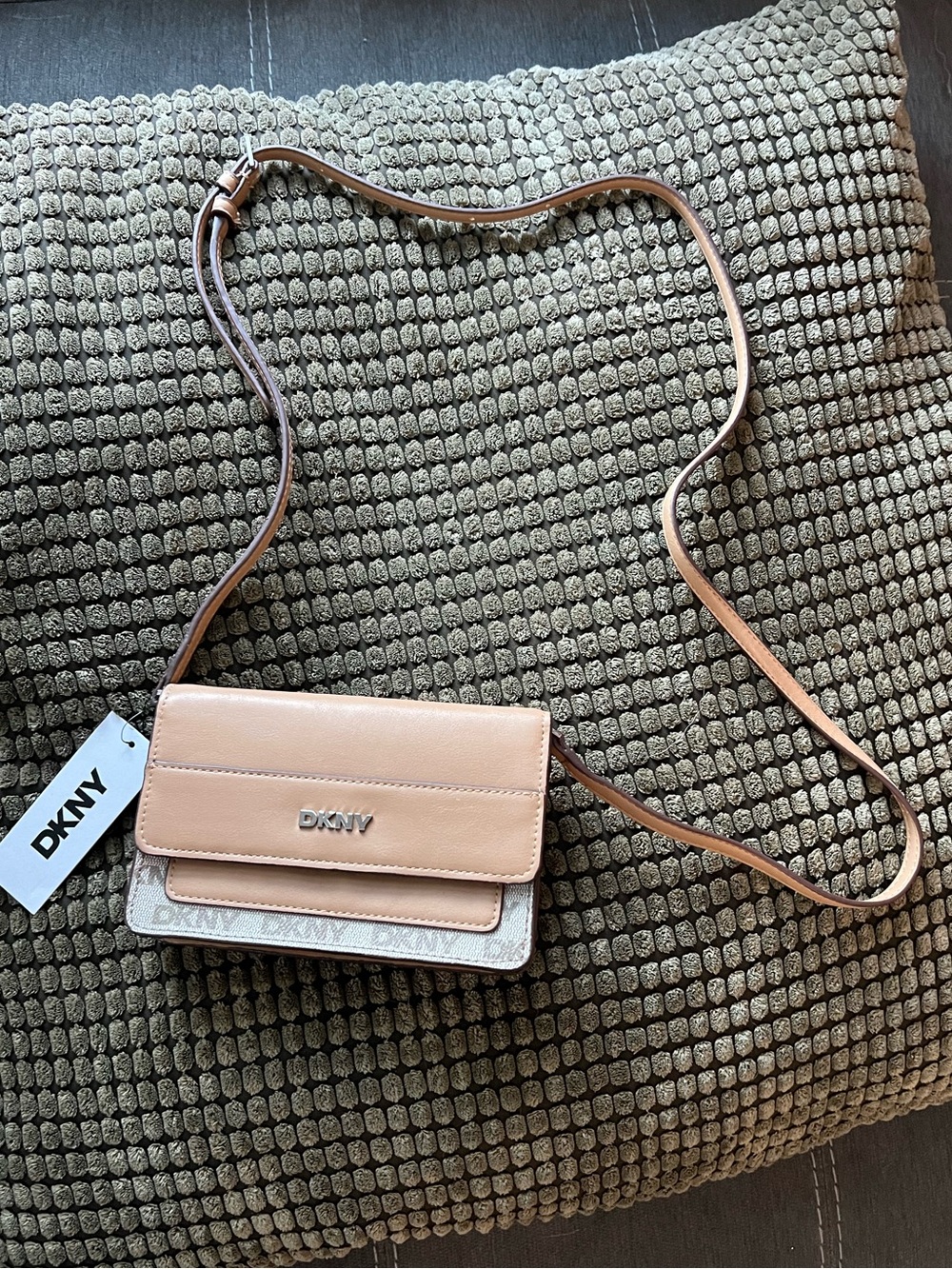 DKNY Beige/Tan Leather Logo Flap Crossbody
